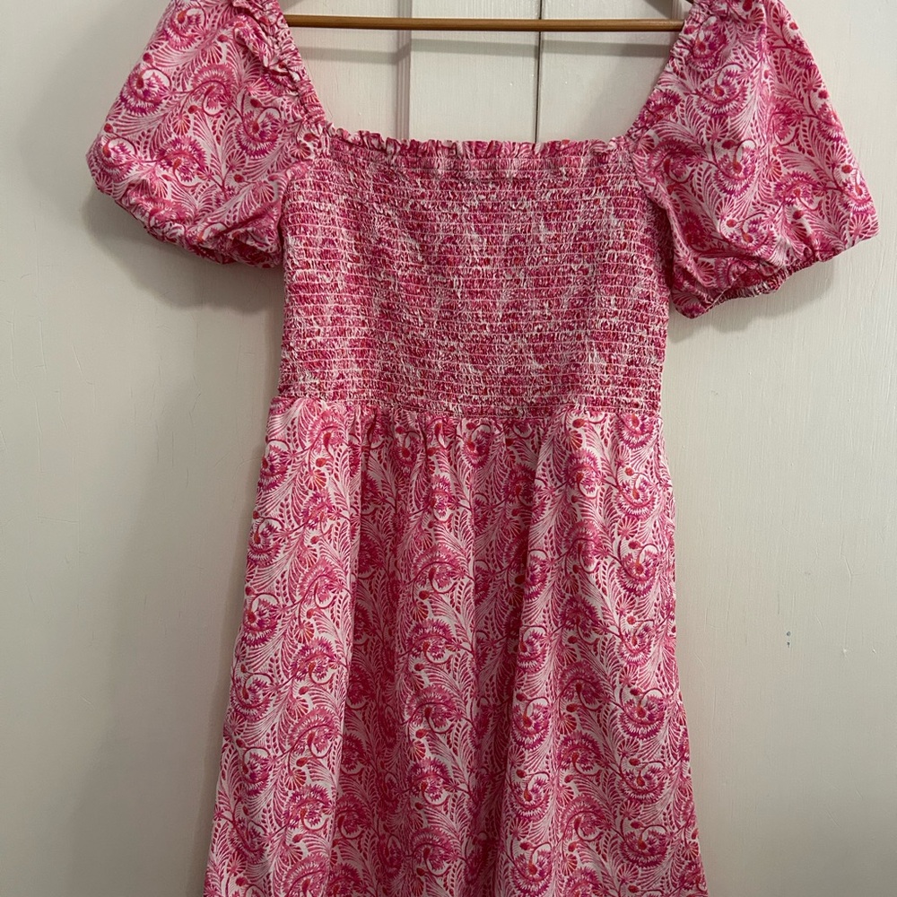 J. Crew Pink and White Smocked Sundress with Puff Sleeves